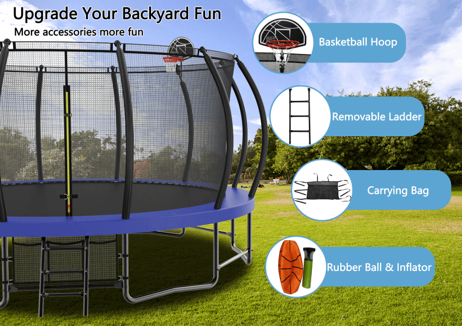 MyFunGear 15ft trampoline come with basketball hoop, removable ladder，carrying bag, rubber ball and inflator.