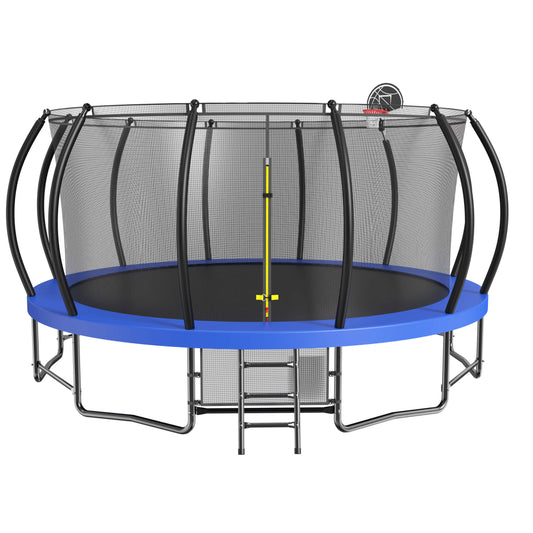 MyFunGear 15ft trampoline with safety net and storage bag, basketball hoop